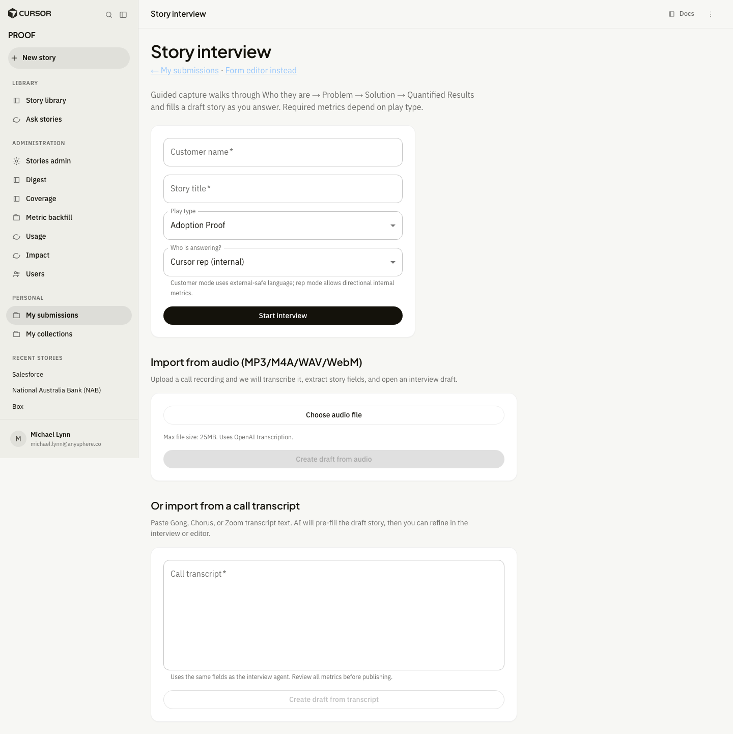 Interview intake page with setup fields and import options