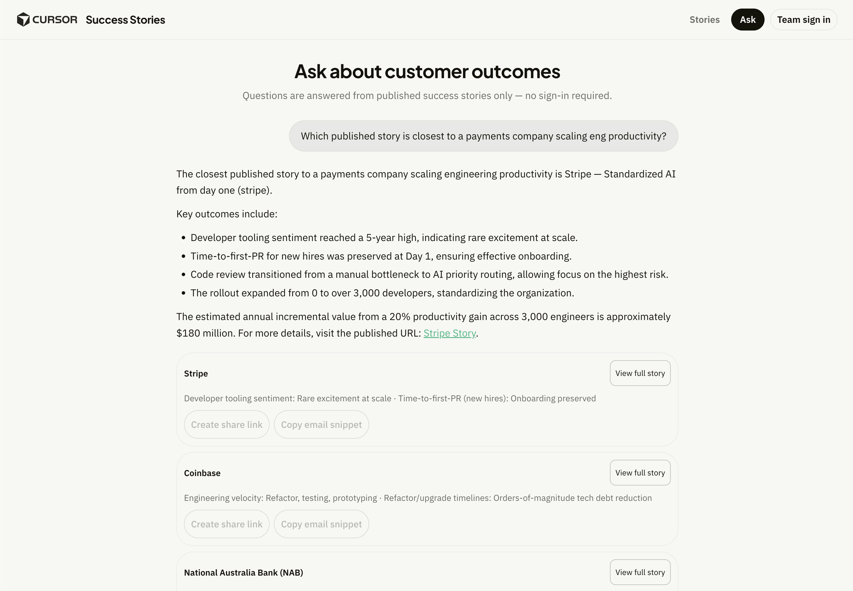 Ask page showing grounded answers from published stories